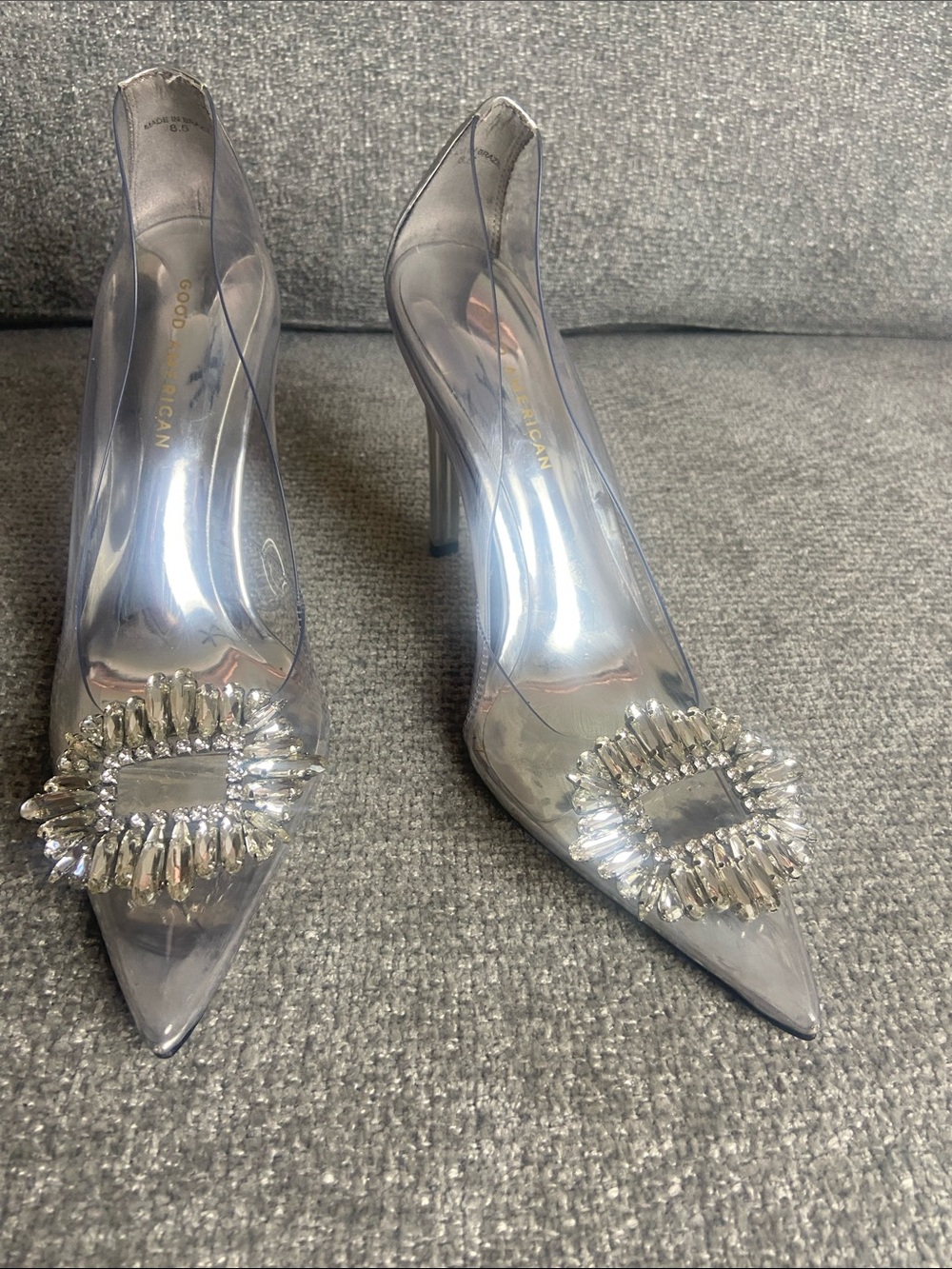 Good American Silver Clear Pointed-Toe Pumps with Crystal Buckle size 8.5